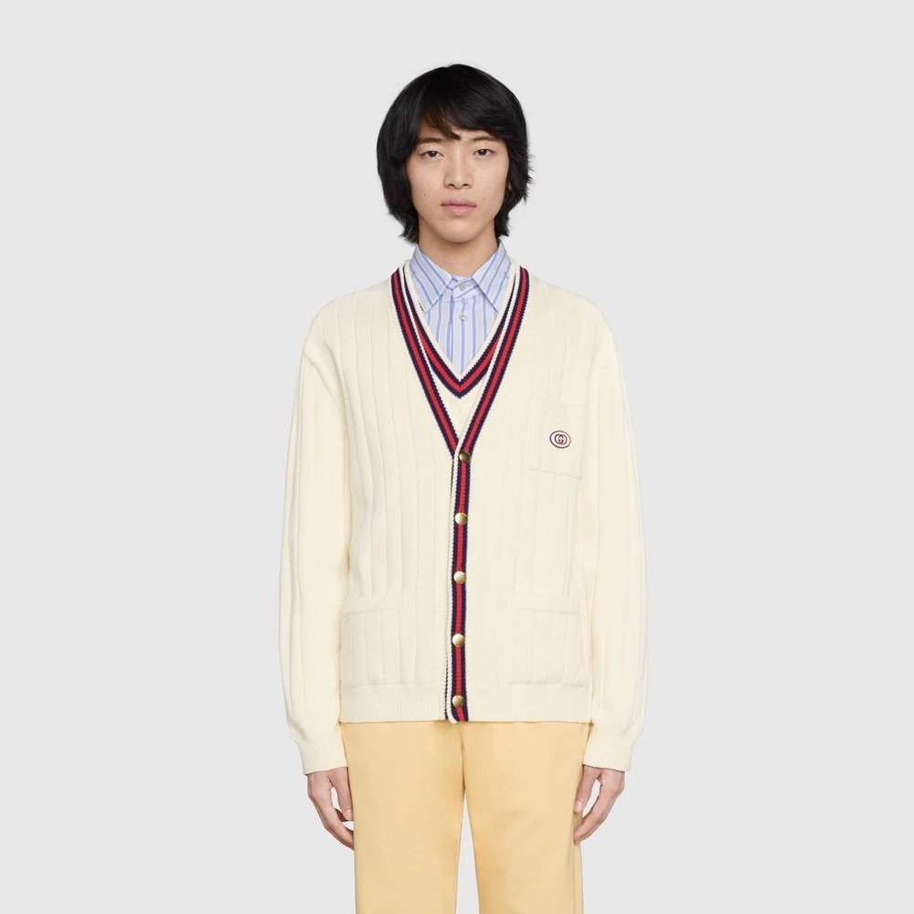 Authentic Gucci Cardigan‎ Sweater White Web Stripe GG Logo Cotton Knit Size S